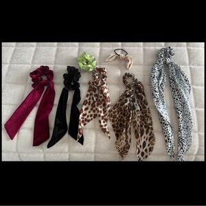 Variety of Hair Scrunchies Set - Leopard, Black, Red, Green, Beige.